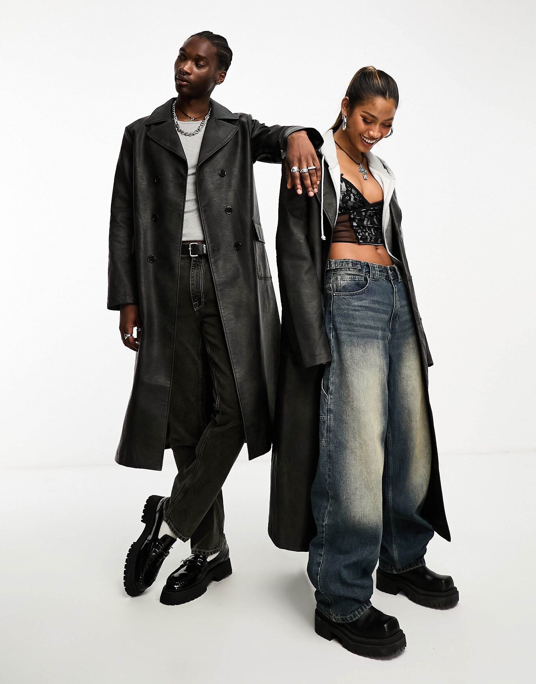Пальто Reclaimed Vintage Faux Leather Look Longline Unisex, черный цена и фото