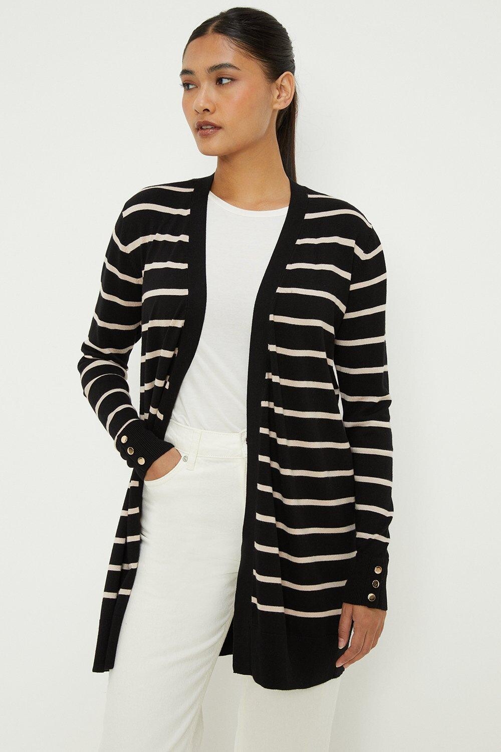 

Длинный кардиган с манжетами на пуговицах в полоску Petite Stripe Dorothy Perkins, черный