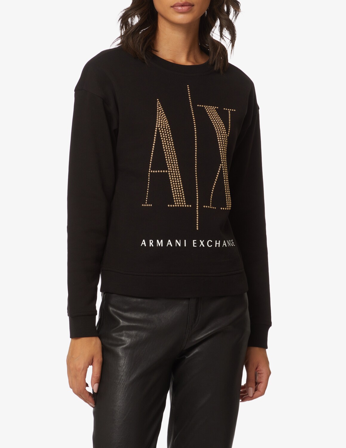 

Хлопковая толстовка с круглым вырезом и шипованным логотипом Armani Exchange, черный