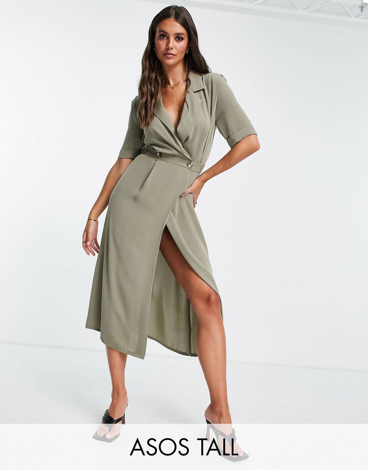 

Платье миди с вырезом и поясом цвета хаки ASOS DESIGN Tall
