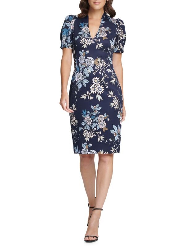 

Мини-платье-футляр с пышными рукавами и цветочным принтом Vince Camuto Navy