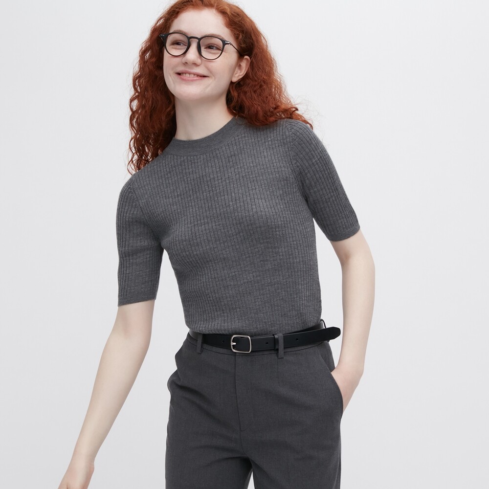 

Свитер Uniqlo камвольный в рубчик из мериносовой шерсти, серый
