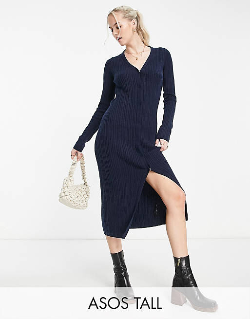 

Темно-синее вязаное платье миди с застежкой-кнопкой ASOS DESIGN Tall, Синий