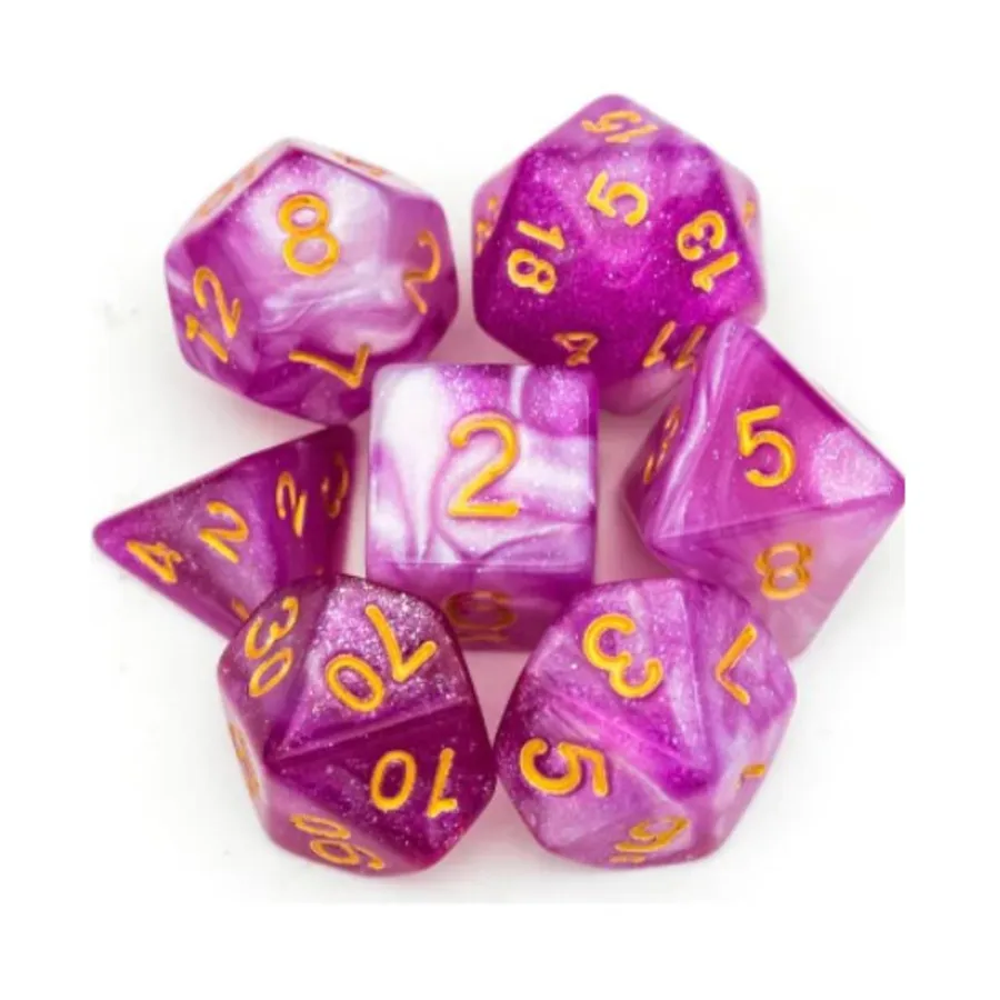 

Набор Poly — любовное зелье с золотом (7), Dice Sets - Resin/Acrylic - Red, Orange, Yellow, & Pink (Foam Brain Games)