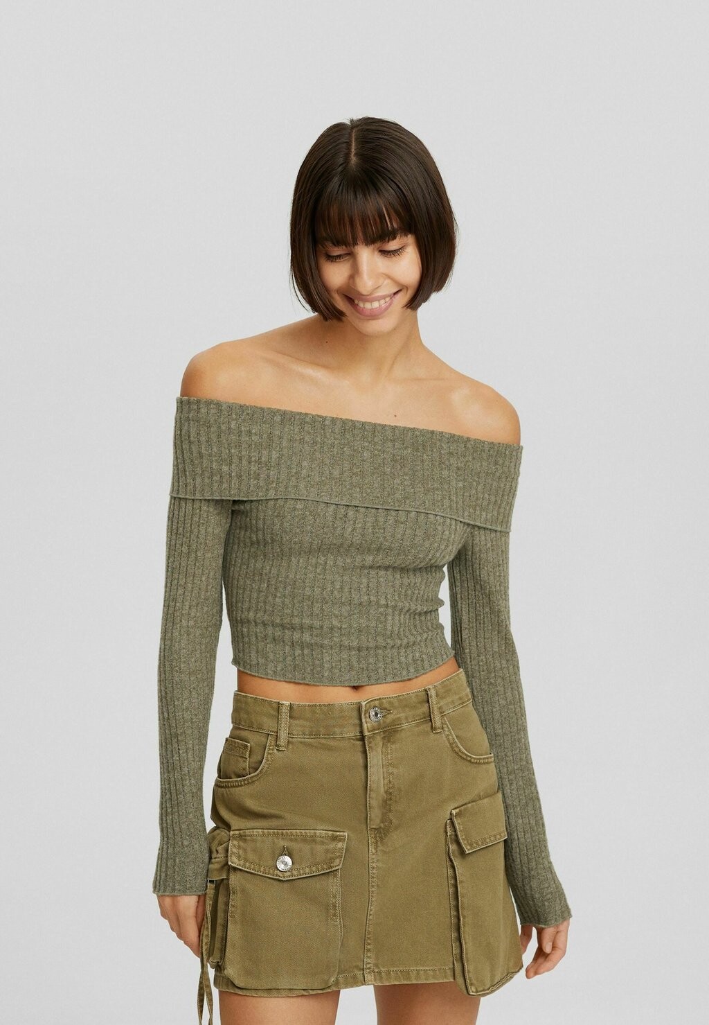 

Свитер With Bardot Neckline Bershka, хаки