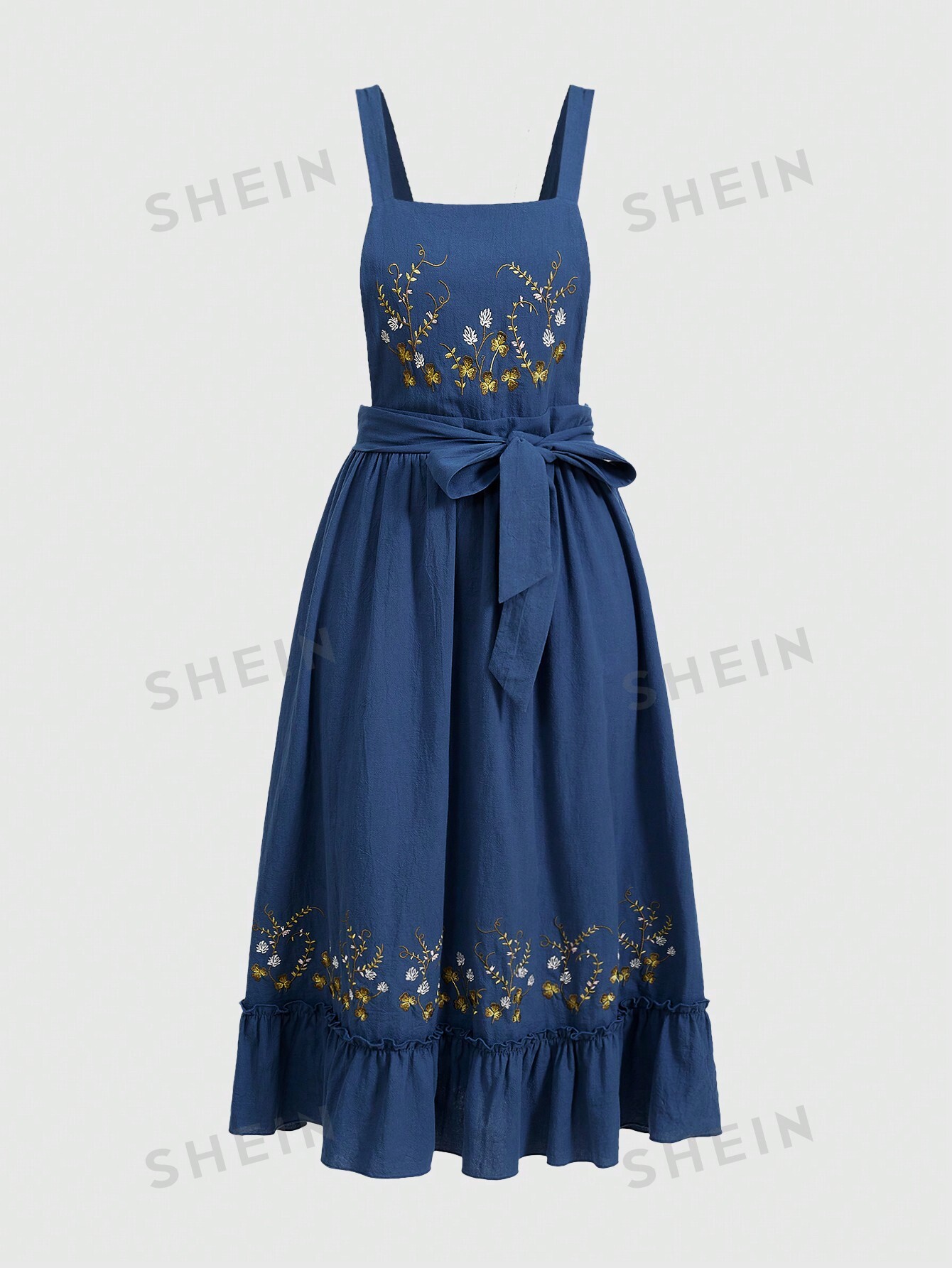 ROMWE Fairycore Женское платье на тонких бретельках с растительной вышивкой, синий
