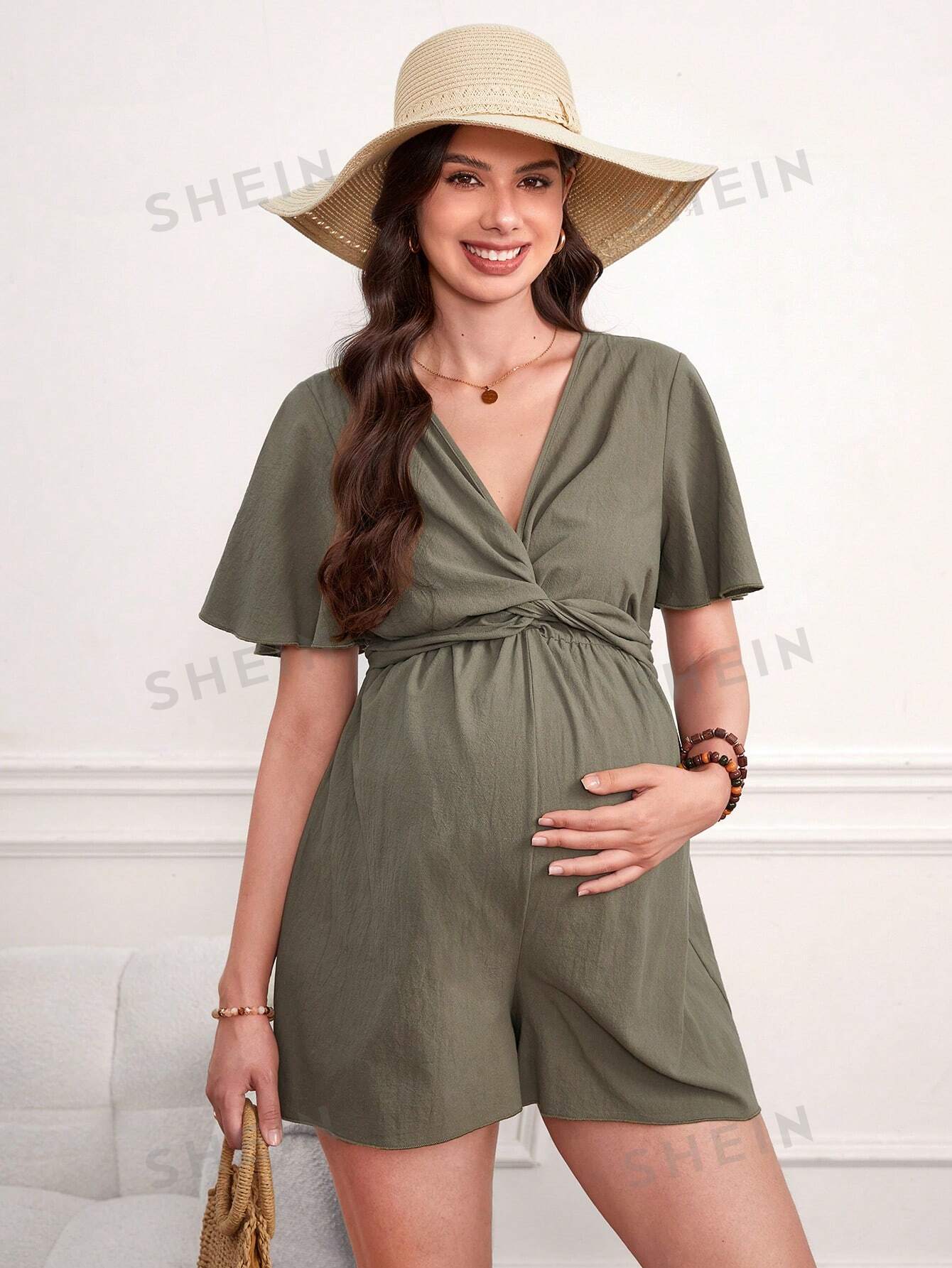 SHEIN Комбинезон для беременных с развевающимися рукавами и закрученным узлом, оливково-зеленый фото