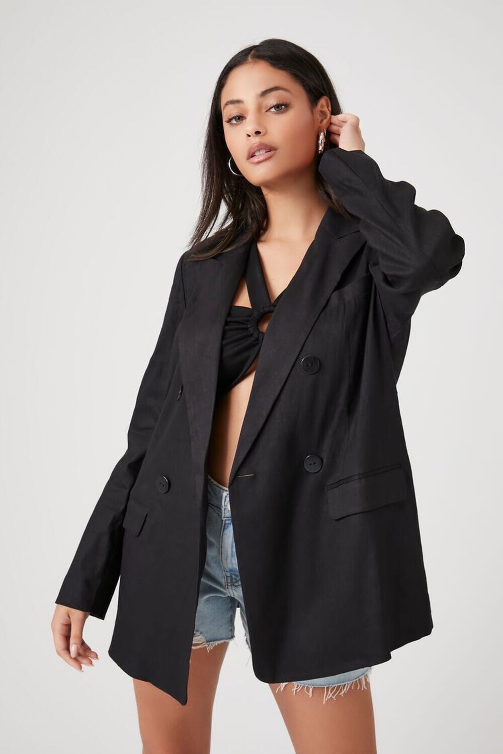 

Двубортный пиджак из льняной смеси Forever 21, черный