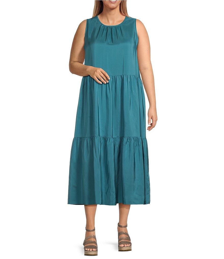 цена Eileen Fisher, шелковое платье миди больших размеров без рукавов с круглым вырезом и круглым вырезом, синий