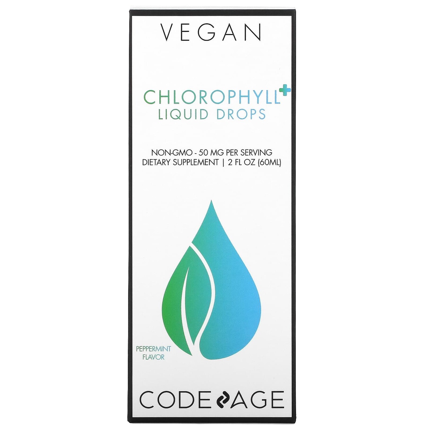 

Vegan Chlorophyll + Liquid Drops, без ГМО, перечная мята, 50 мг, 60 мл (2 жидк. Унции), Codeage