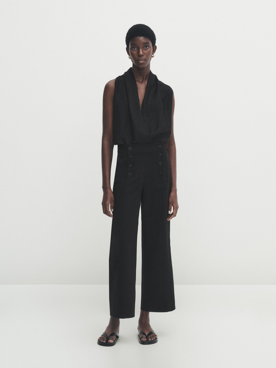 

Широкие брюки из хлопка и льна с пуговицами Massimo Dutti, черный