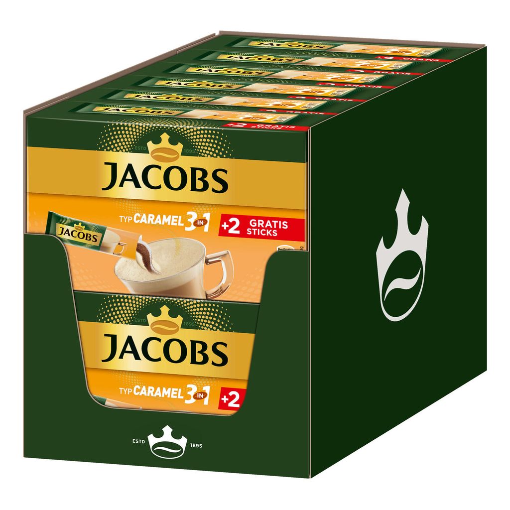 

JACOBS Lösskaffee растворимый кофе 3в1 с карамелью, 12 x 10+2 палочки для напитков