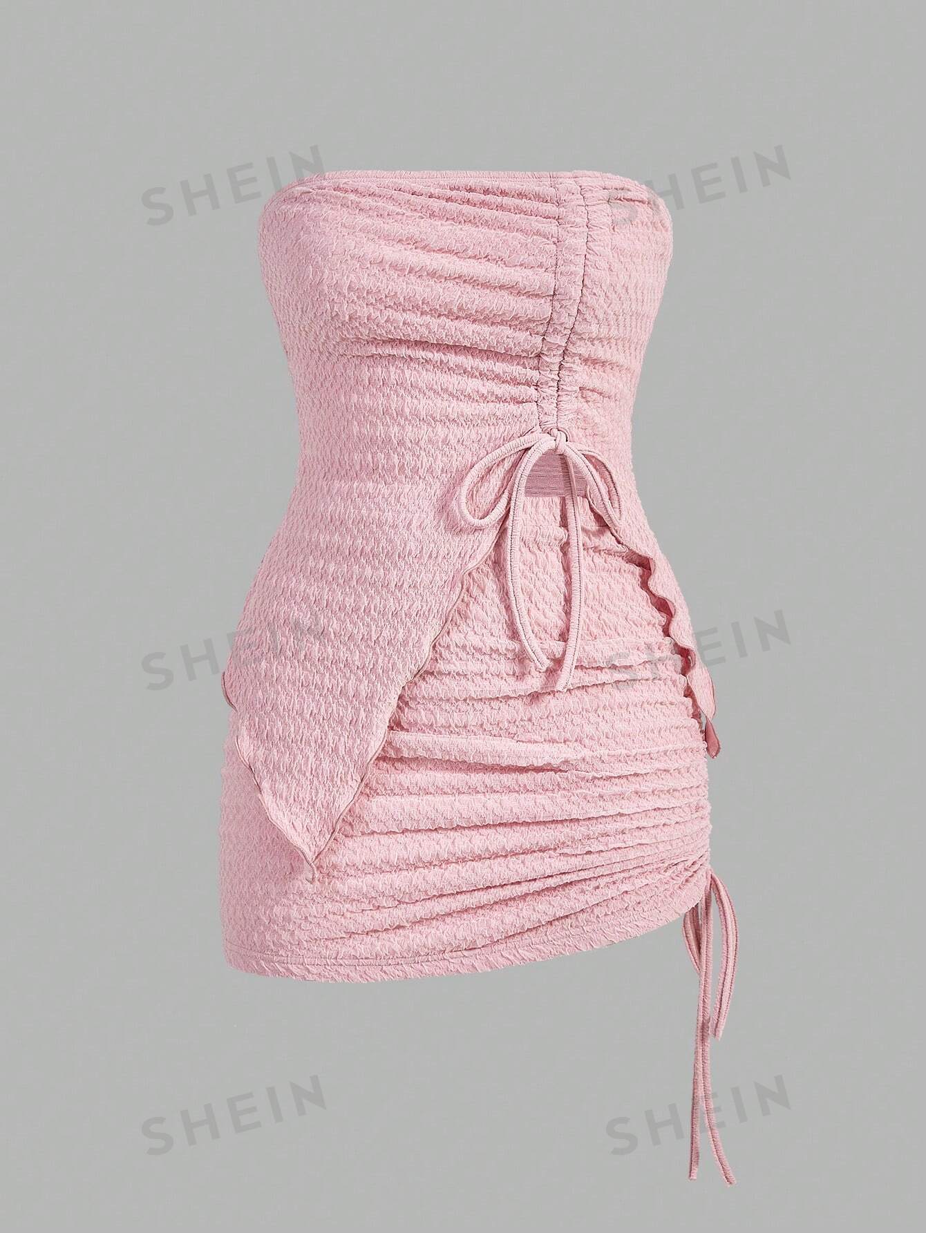 цена SHEIN ICON Топ-труба спереди и облегающая юбка с завязками, два предмета, пыльный розовый