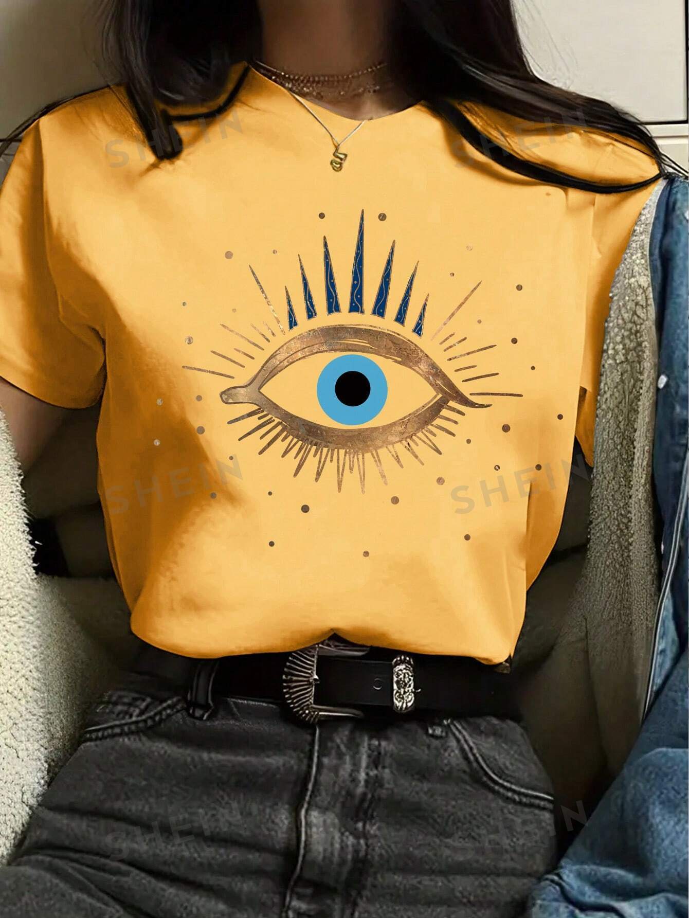 цена SHEIN Essnce Женская футболка с круглым вырезом и короткими рукавами с принтом Солнца и Луны, желтый
