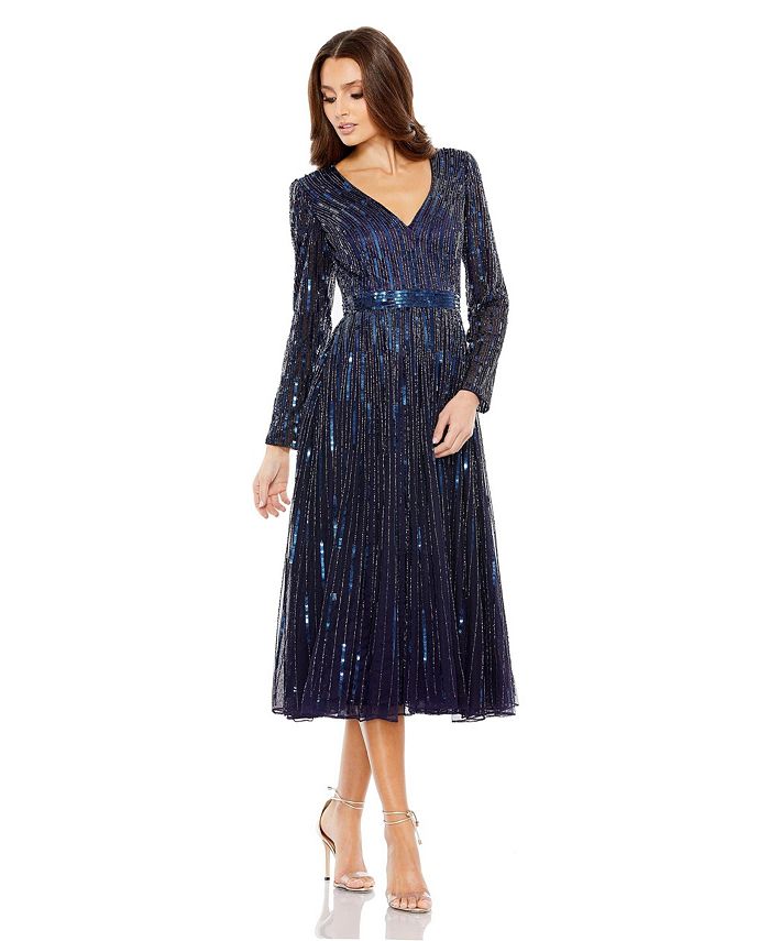 Женское платье чайной длины с длинными рукавами Mac Duggal, цвет Midnight