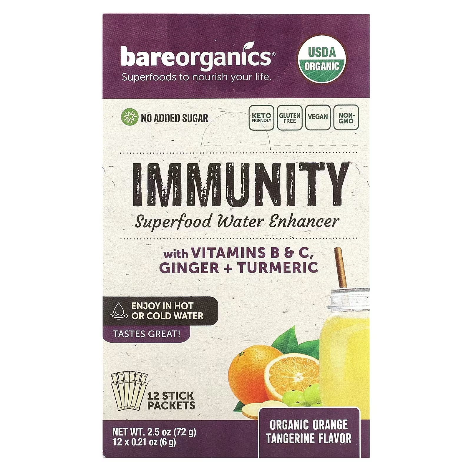Суперпродукты BareOrganics Immunity Superfood Water Enhancer апельсин / мандарин, 12 пакетиков-стиков по 6 г