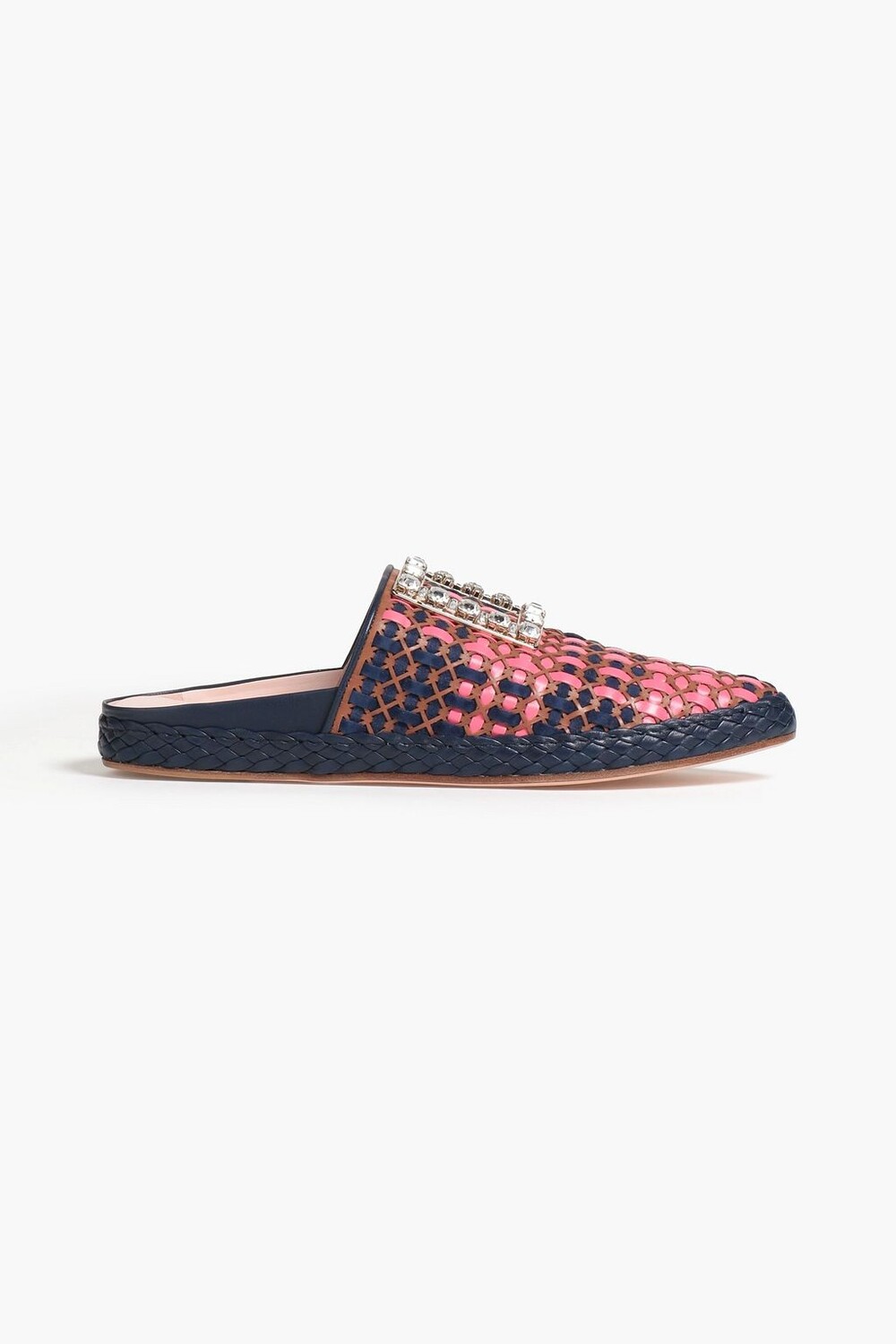 

Тапочки RV Lounge из кожи и замши с плетеной отделкой кристаллами ROGER VIVIER, нави