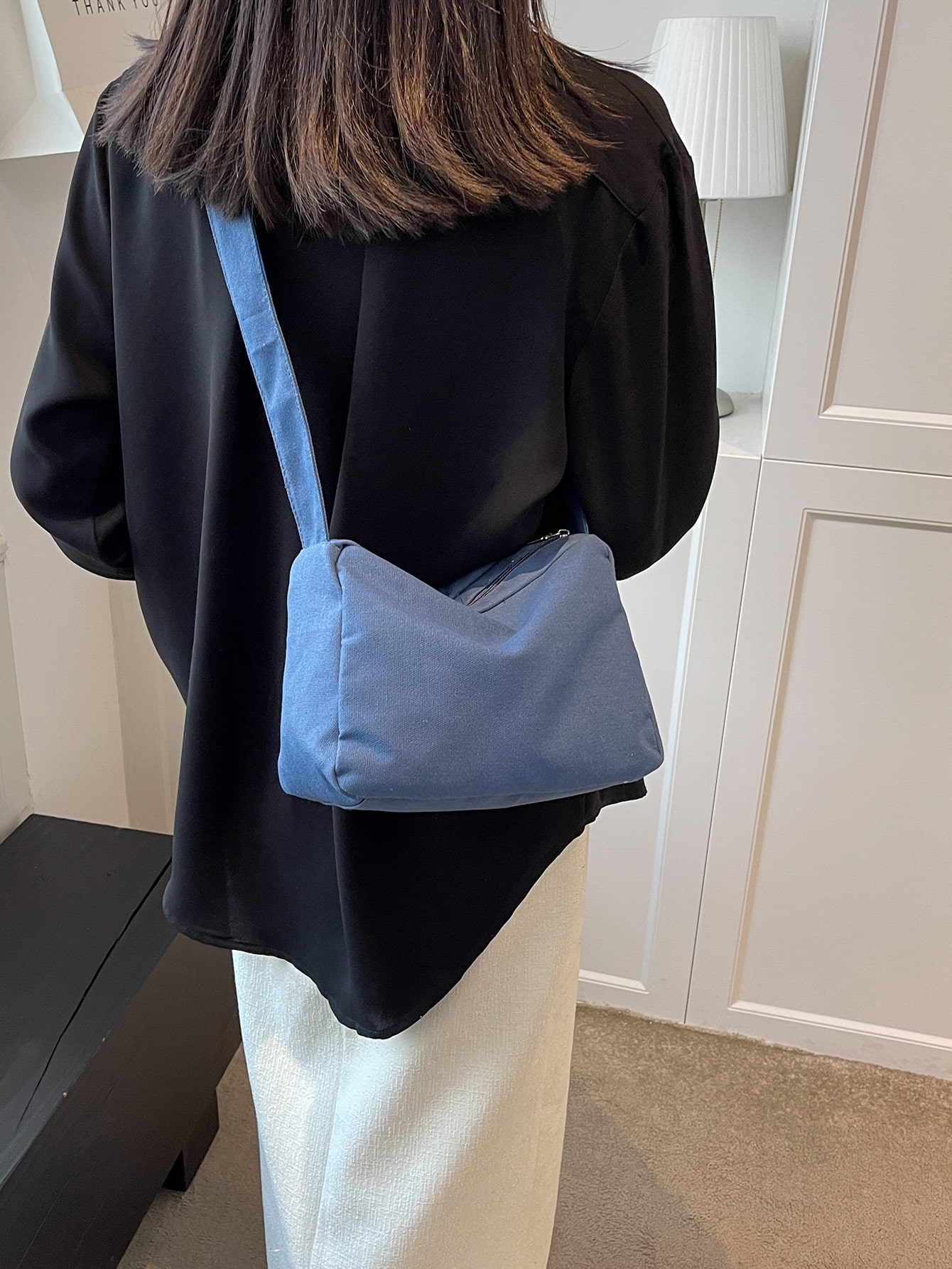 Женская простая повседневная однотонная холщовая сумка через плечо, синий минималистская квадратная сумка с клапаном и двойной ручкой белый