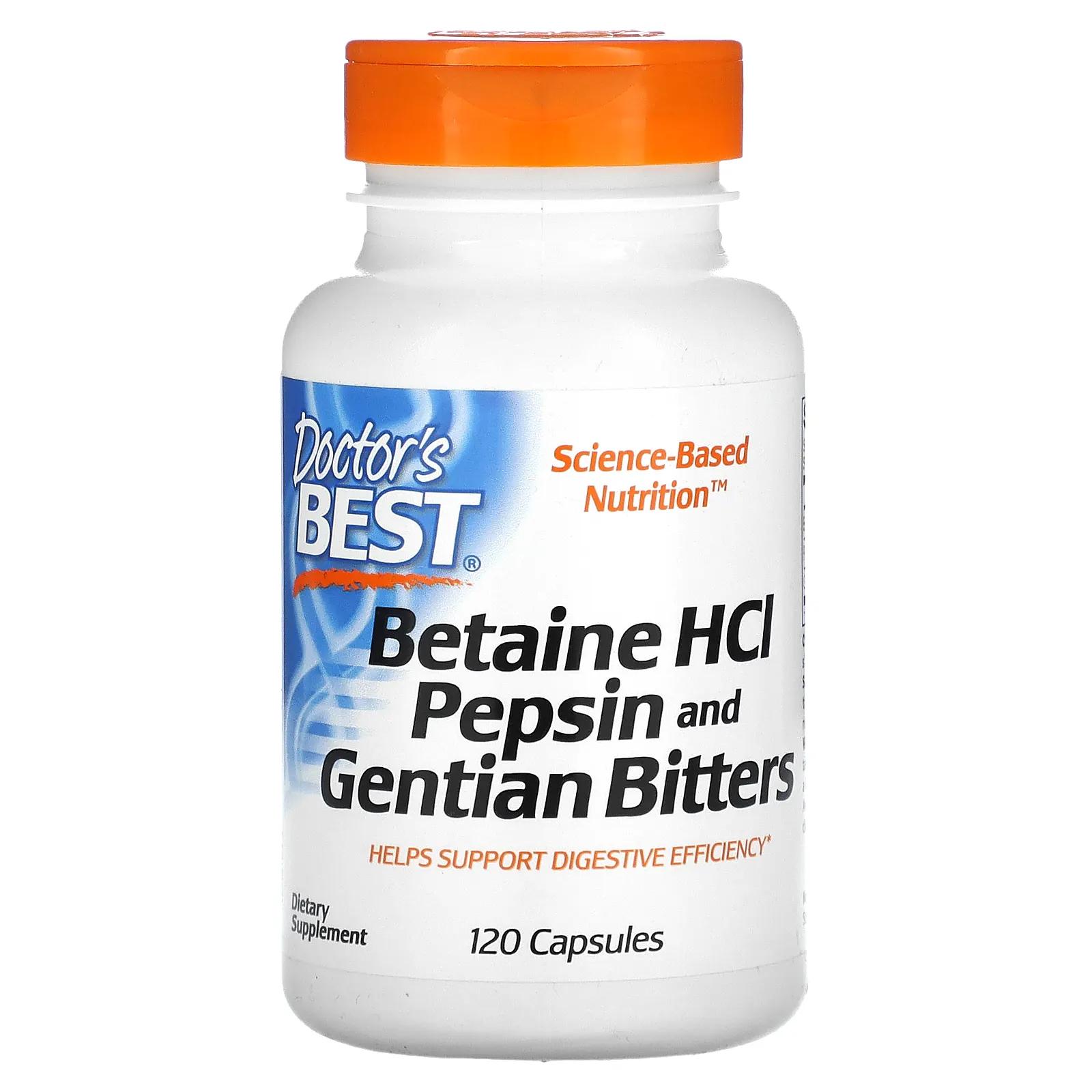 цена Doctor's Best Горькая настойка из бетаина гидрохлорида пепсина и генцианы (Betaine HCL Pepsin & Gentian Bitters) 120 капсул