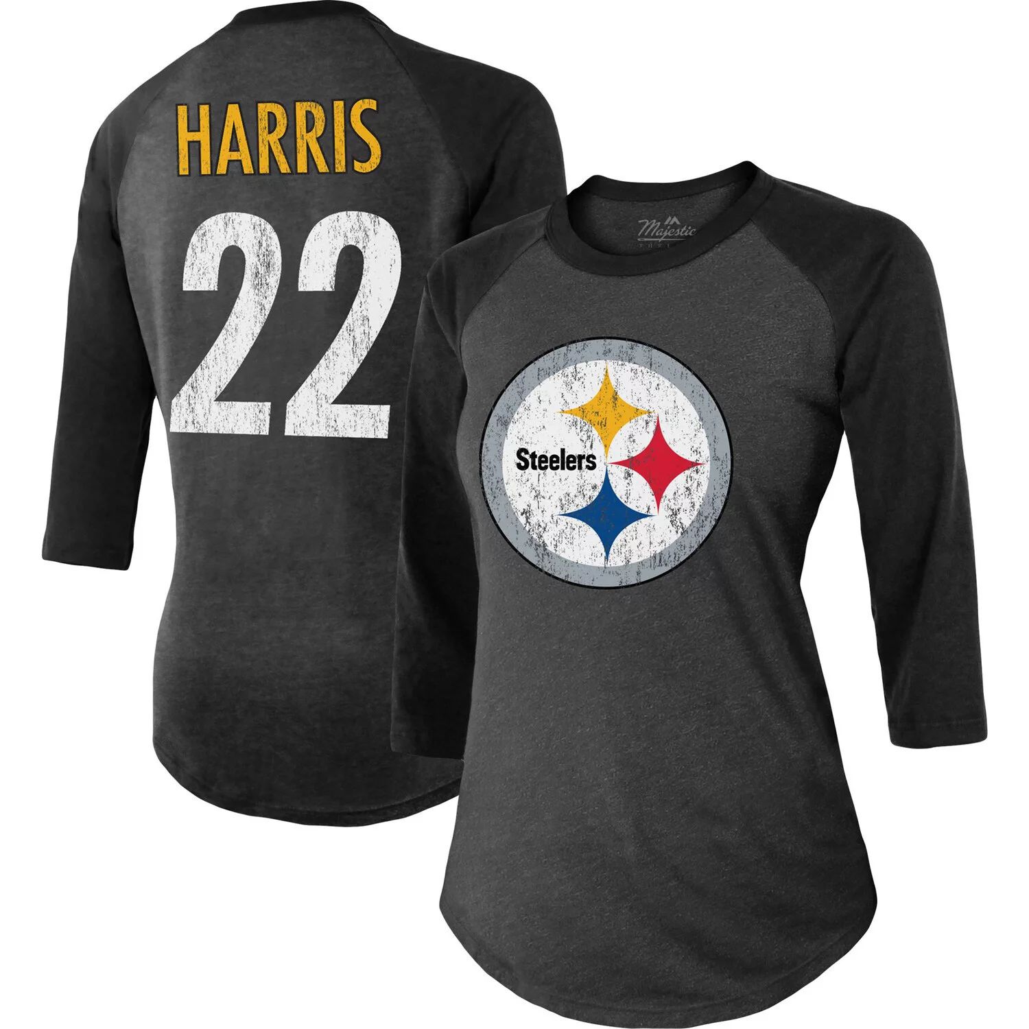 Женская футболка Majestic Threads Najee Harris Black Pittsburgh Steelers с именем и номером игрока реглан Tri-Blend с рукавами 3/4 Majestic