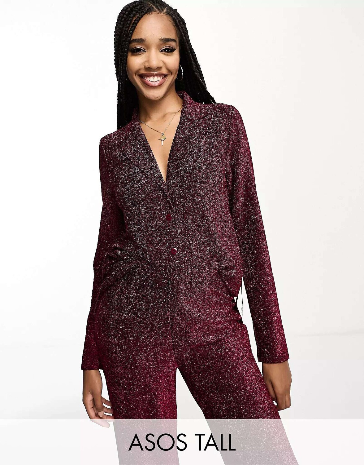 

Розовый пижамный комплект из блестящей рубашки и брюк с блестками ASOS DESIGN Tall