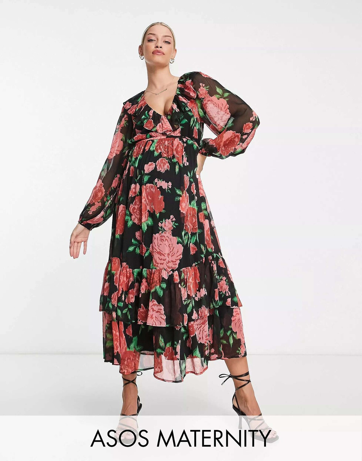 

Ярусное платье макси с оборками красного цвета с цветочным принтом ASOS DESIGN Maternity, Красный