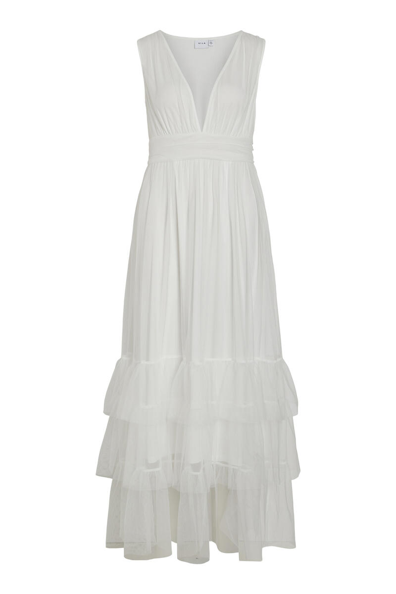 Длинное платье с рюшами Vila, белый женское трикотажное платье с v образным вырезом без рукавов