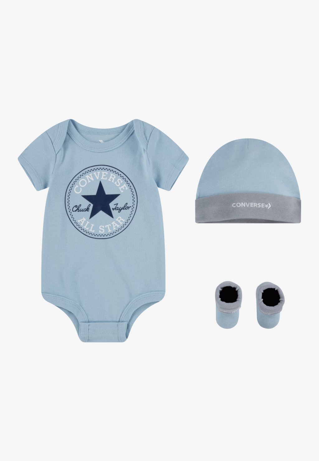 цена Подарок на рождение CLASSIC INFANT HAT BODYSUIT BOOTIE UNISEX SET Converse, цвет pacific blue coast