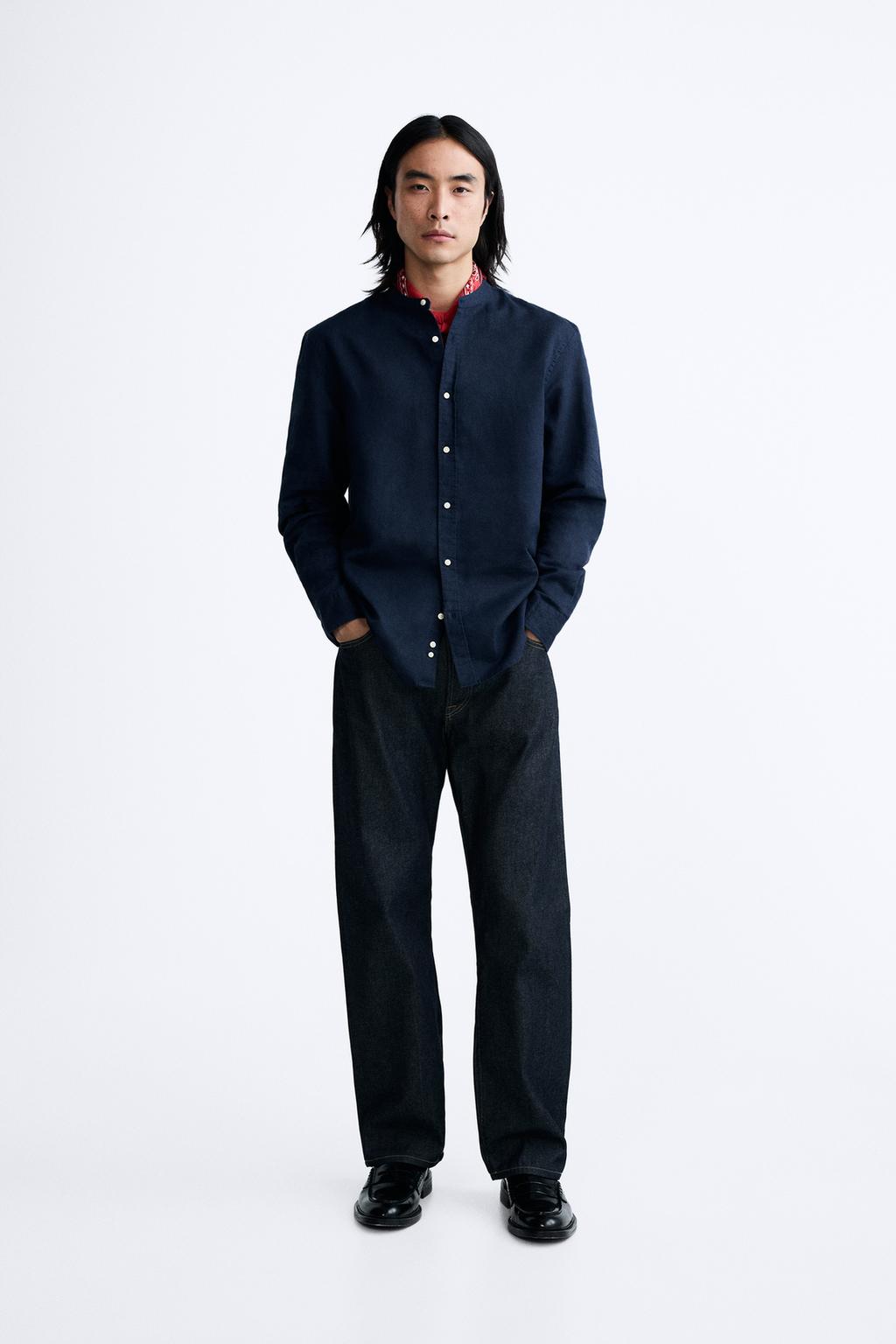 Хлопок - льняная рубашка ZARA, темно-синий цена и фото