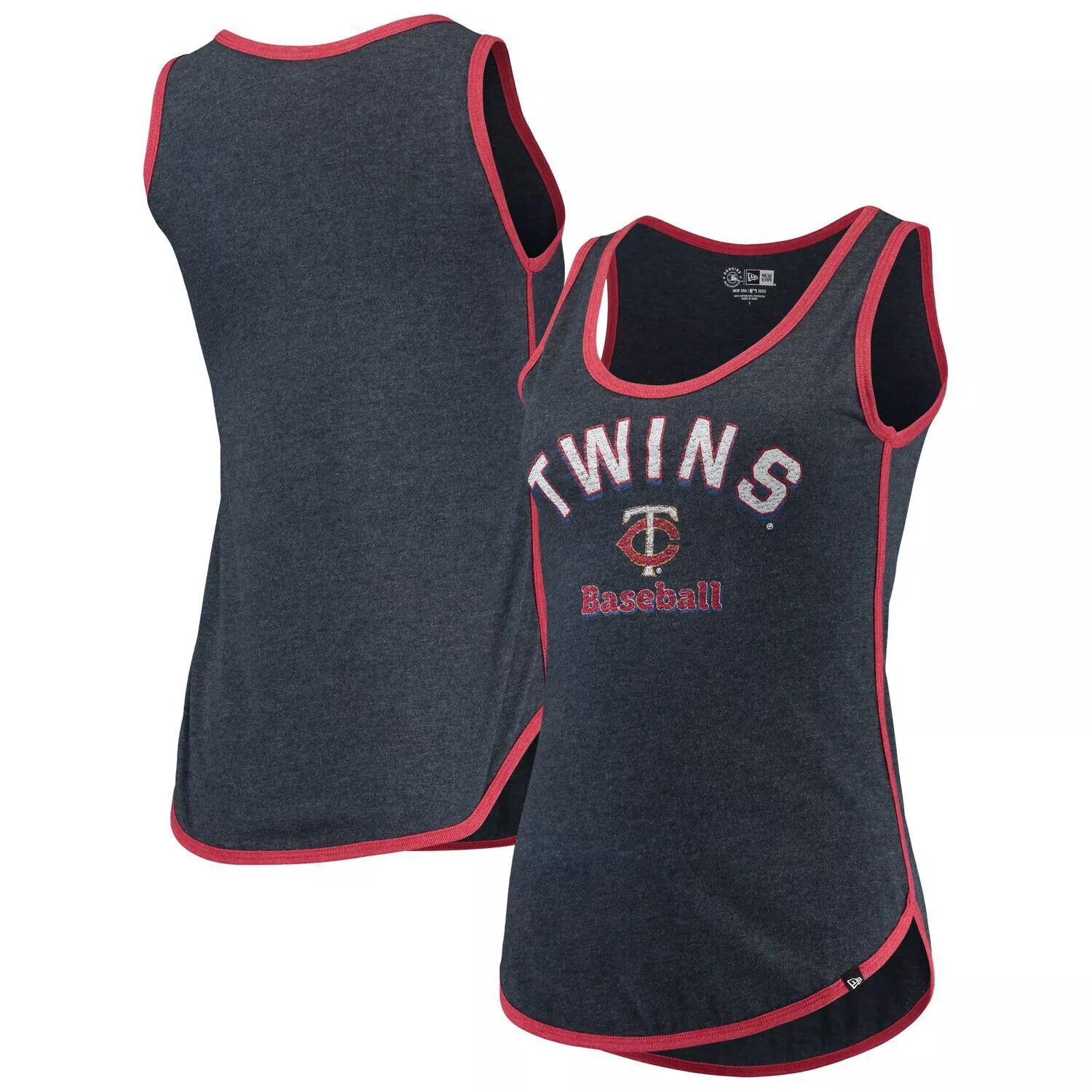 

Женская майка New Era Heathered Navy Minnesota Twins с контрастной окантовкой и овальным вырезом New Era