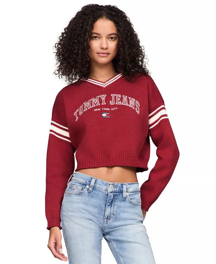 

Женский хлопковый укороченный университетский свитер Tommy Jeans, красный