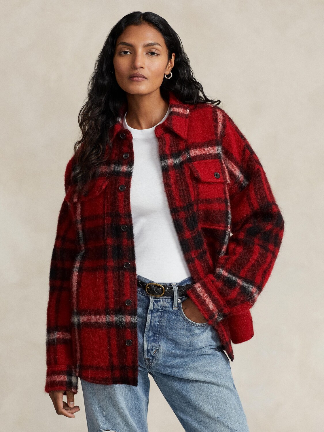 

Рубашка оверсайз из смесовой шерсти в клетку Polo Olivia Ralph Lauren, красный