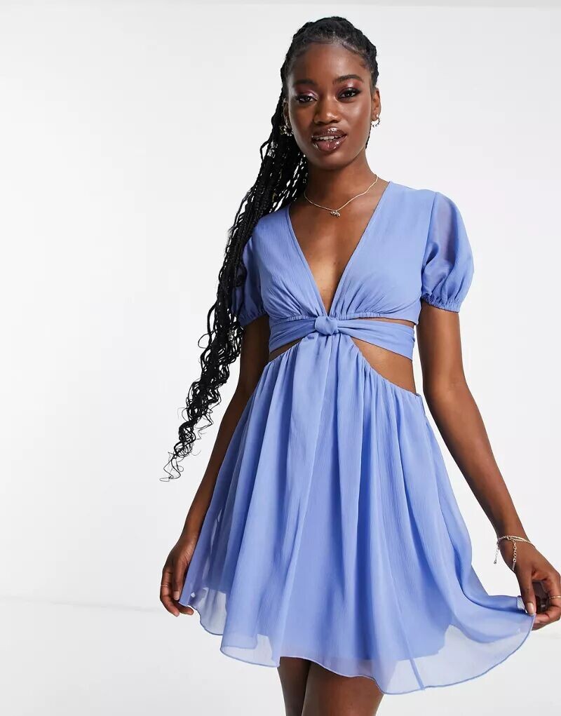 

Мягкое синее многоярусное платье мини с завязкой на талии ASOS