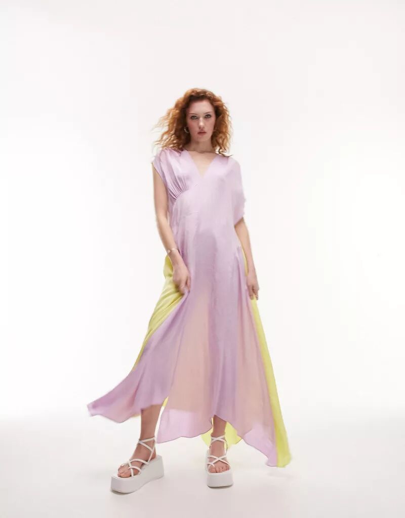 цена Жаккардовое асимметричное платье миди Topshop лаймового и сиреневого цветов