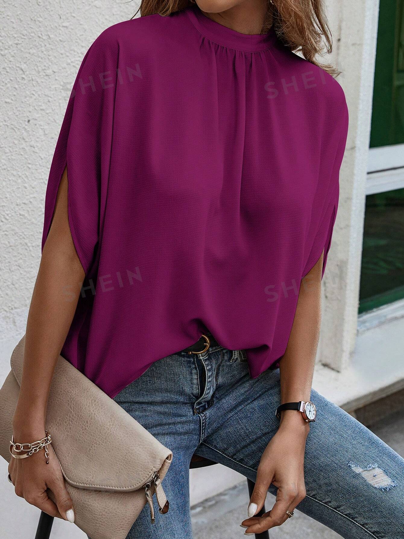 Женская однотонная рубашка с воротником-стойкой и половиной рукава, красный фиолетовый