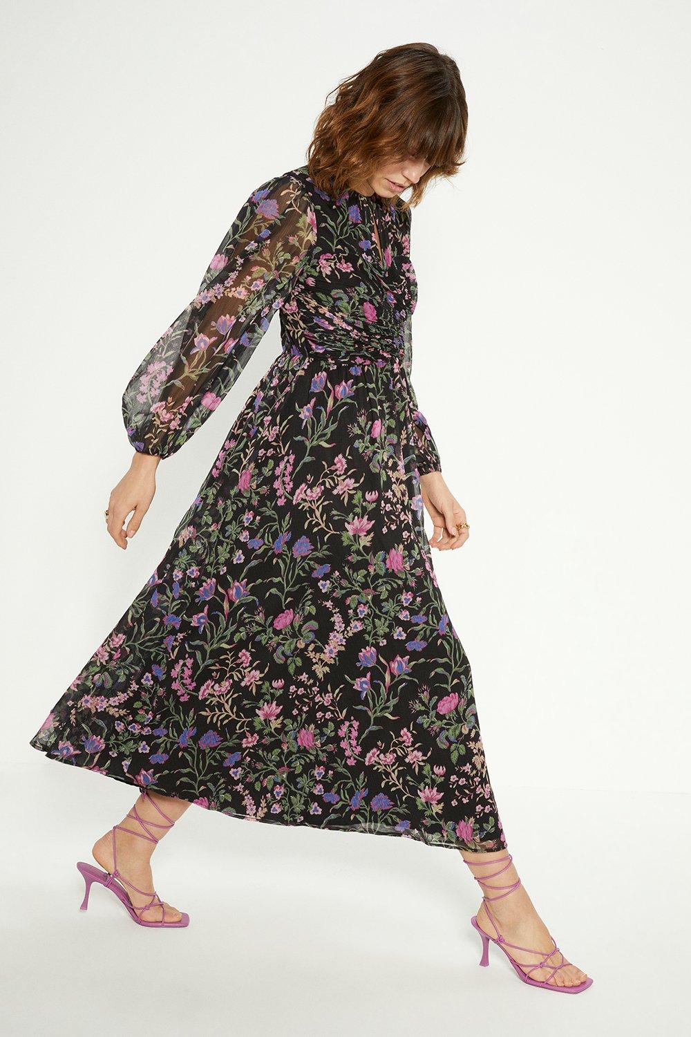 Шифоновое платье миди с цветочным принтом и сборками Oasis, черный prettylittlething розовое шифоновое платье миди с драпировкой и восточным цветочным принтом