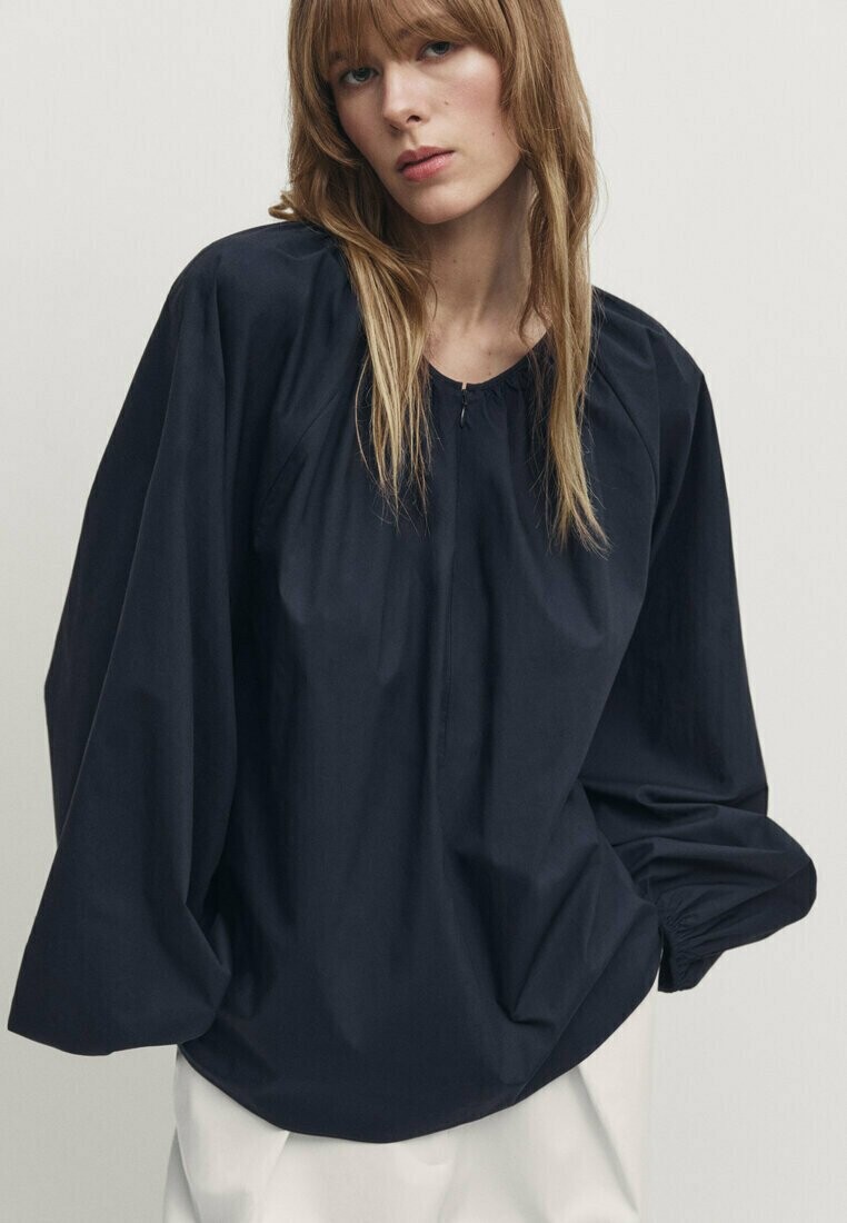 

Блузка POPLIN WITH PUFF SLEEVES Massimo Dutti, цвет mottled dark blue