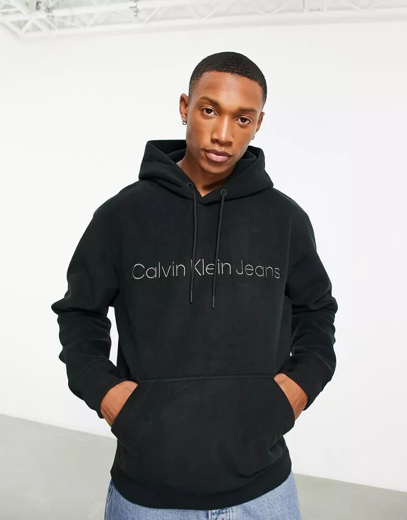 Черная двусторонняя худи из плотного флиса с логотипом на груди Calvin Klein
