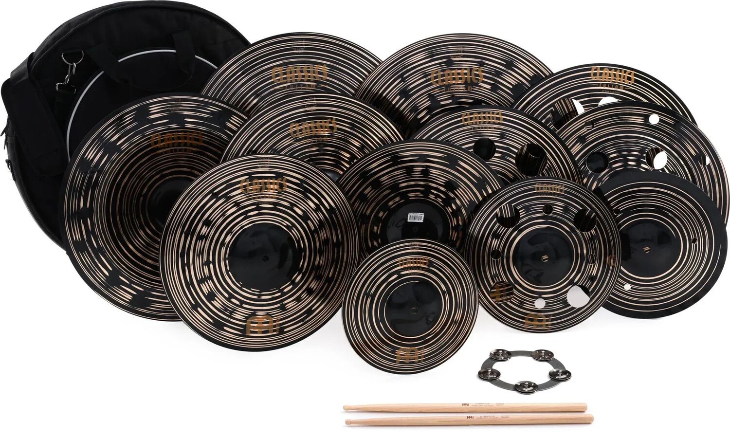 

Набор тарелок Meinl Classics Custom Dark — 6/10/12/15/16/17/18/18/20/20 дюймов — с бесплатной сумкой 22 дюйма и палочками 5А