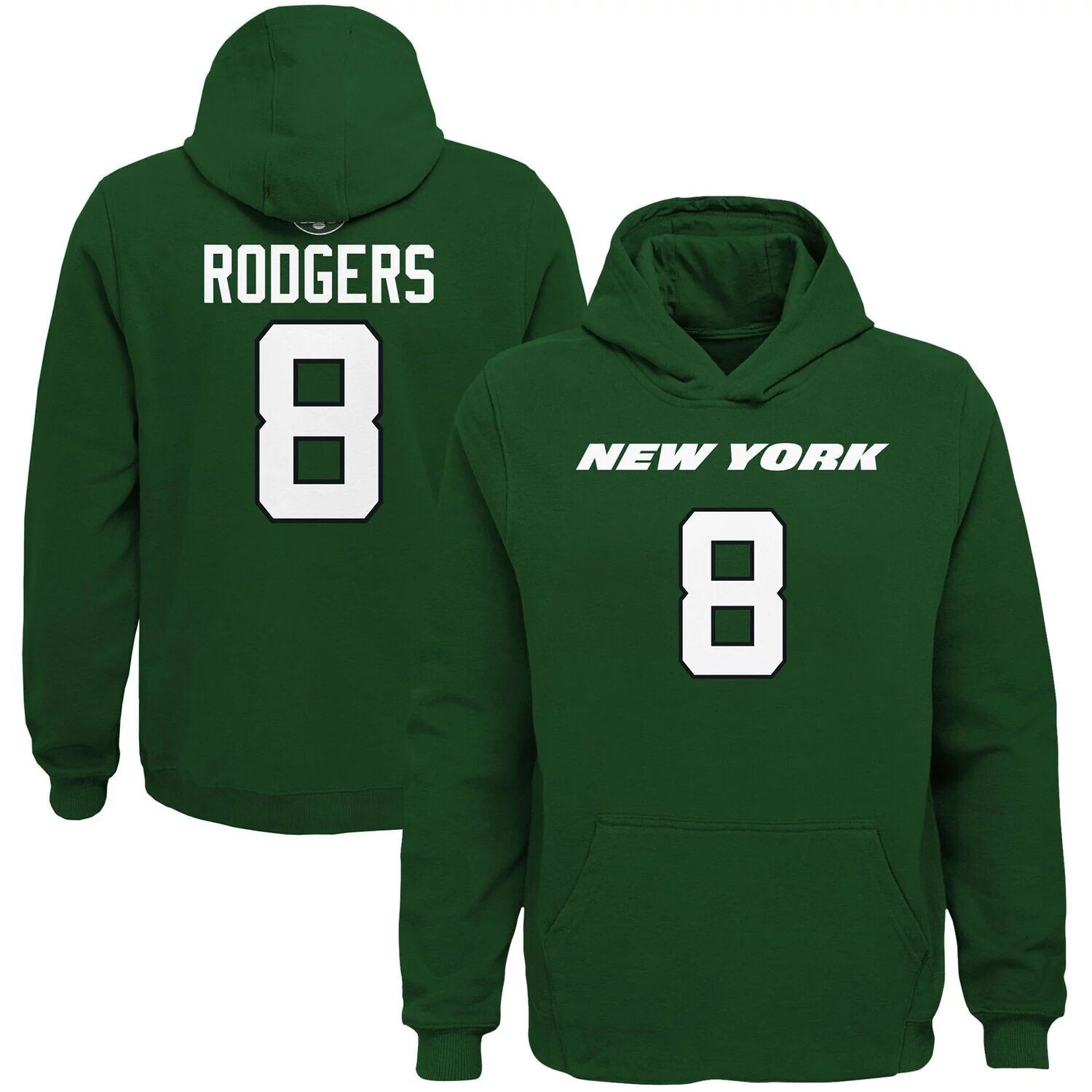 

Молодежный пуловер с капюшоном Aaron Rodgers Green New York Jets Mainliner с именем и номером Outerstuff
