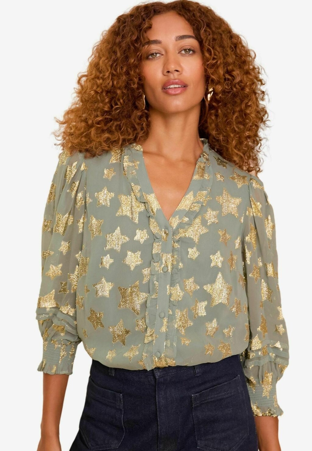 

Блузка на пуговицах STAR RUFFLE 3/4 SLEEVE REGULAR FIT Love & Roses, серый металлик