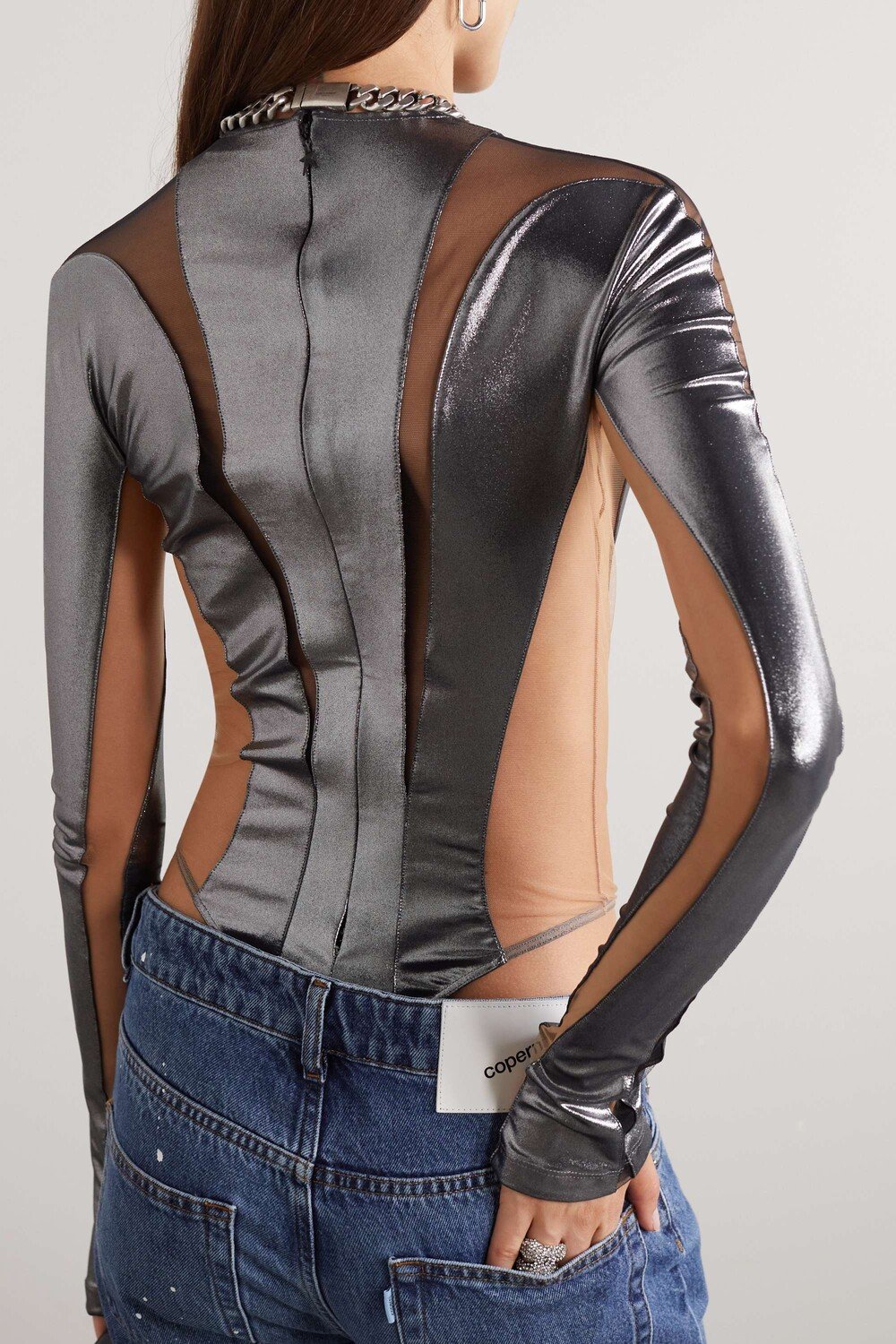 

MUGLER Боди из металлизированного стрейч-джерси и тюля, серебро