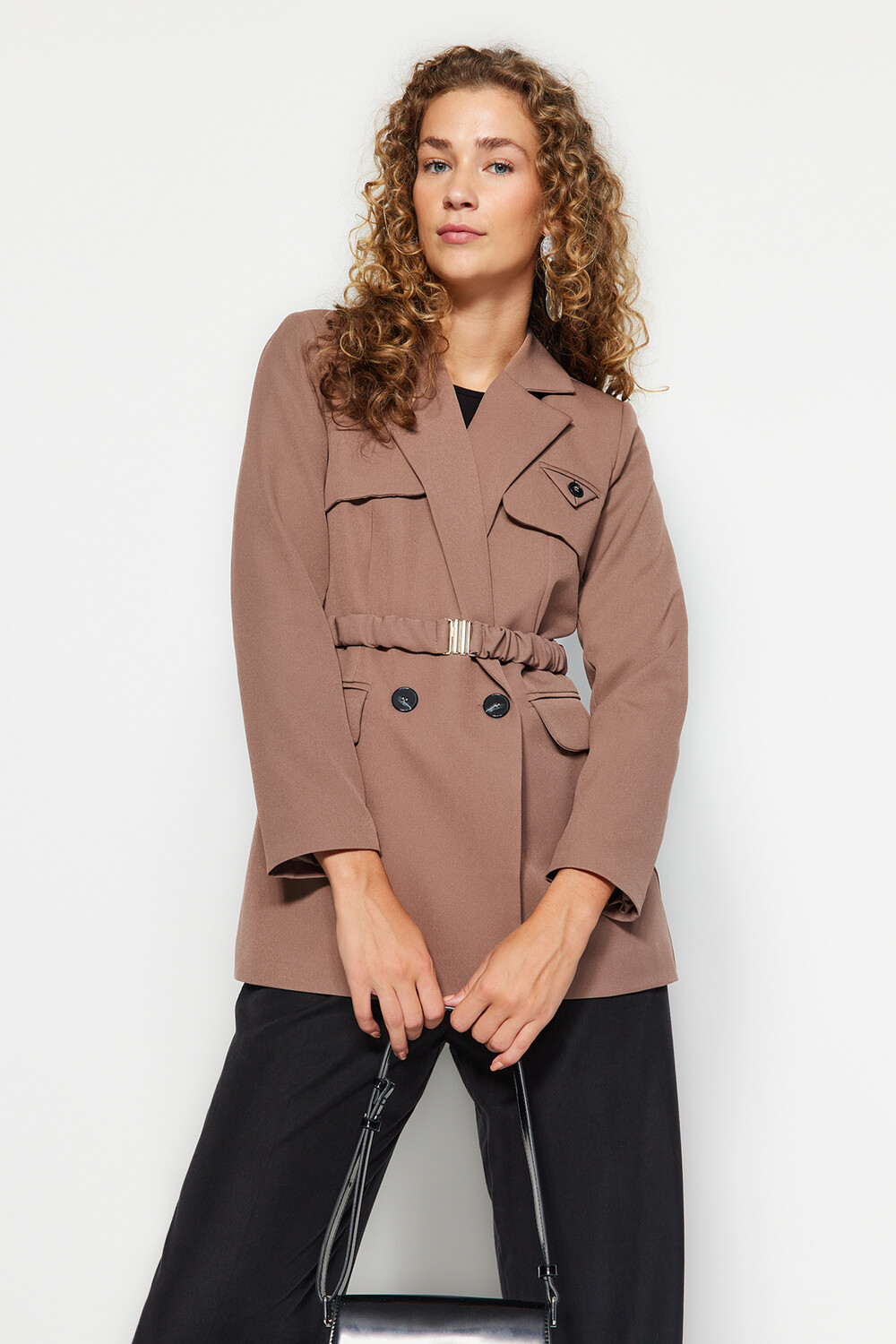 

Коричневый плетеный пиджак с поясом Trendyol Modest