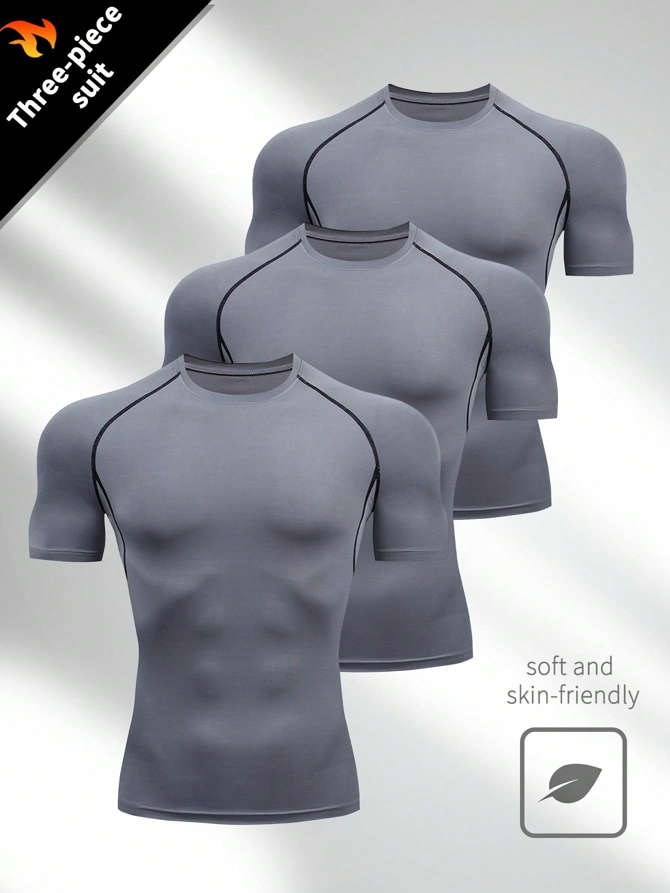 3 шт. Мужская компрессионная базовая футболка с короткими рукавами, серый