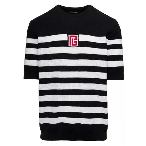 

Футболка and white stripe t-shirt with logo embroider Balmain, черный