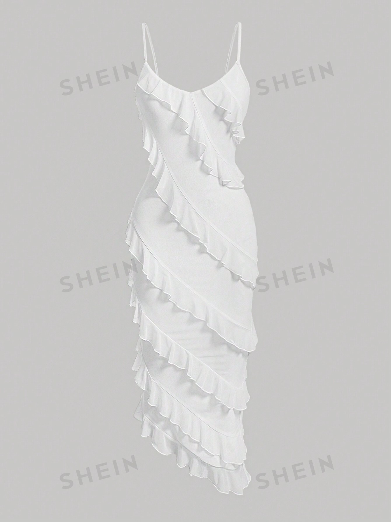 SHEIN MOD Женское однотонное асимметричное платье с оборками на тонких бретельках, белый цена и фото