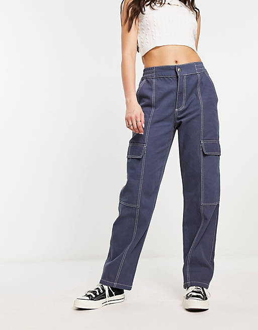 

Темно-синие брюки карго со швами и контрастной строчкой ASOS DESIGN, Синий