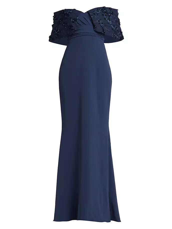 

Текстурированное платье с открытыми плечами Badgley Mischka, темно-синий