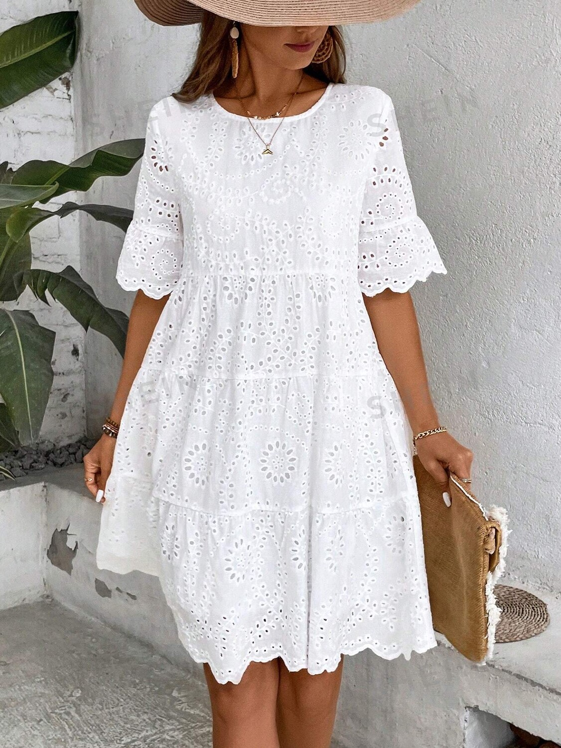 

SHEIN LUNE Женское однотонное платье с вышивкой и вырезами, белый