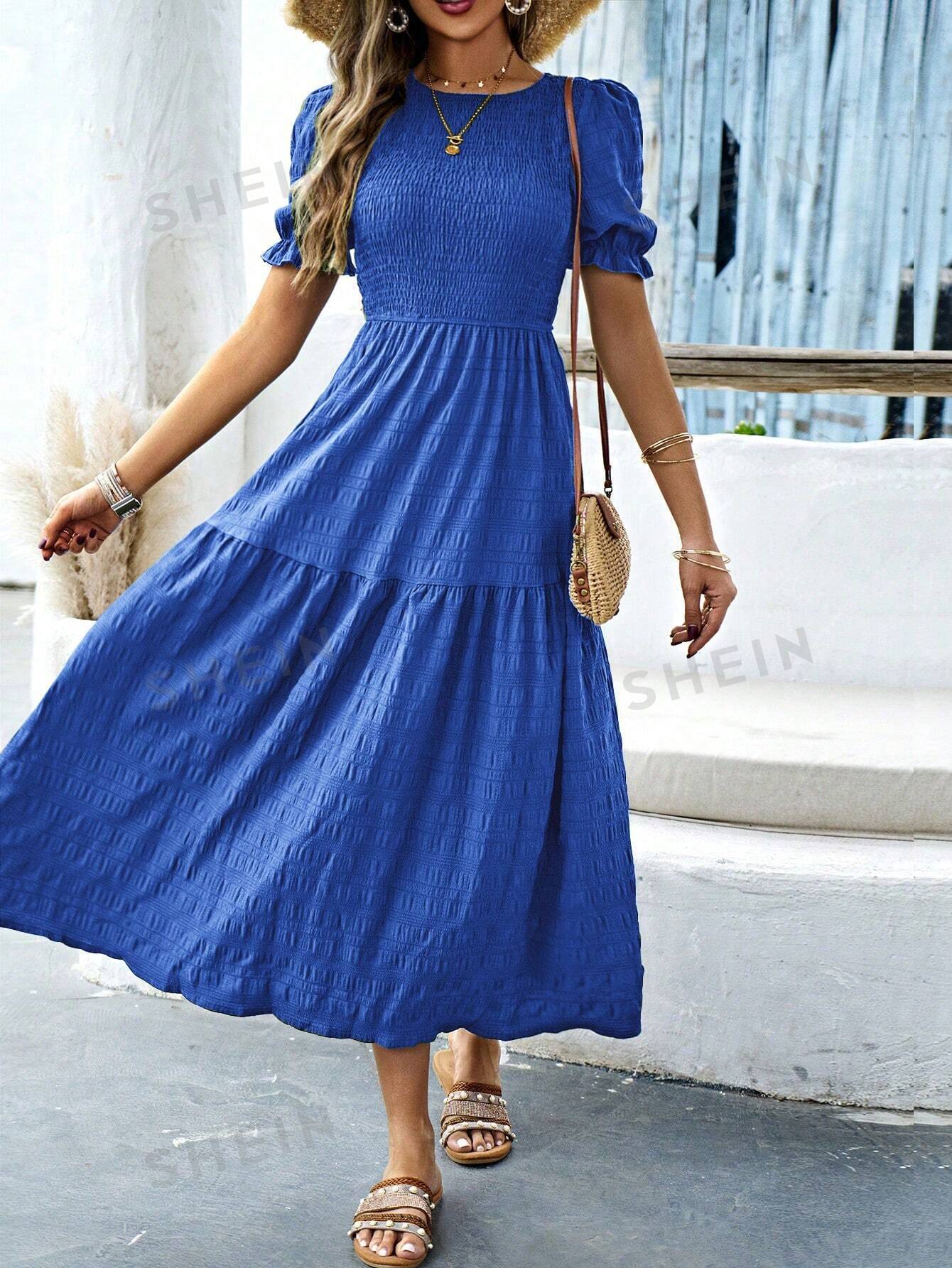 SHEIN VCAY женское свободное платье с круглым вырезом и короткими рукавами-фонариками, королевский синий женское свободное платье рубашка средней длины элегантное платье большого размера с геометрическим принтом круглым вырезом и рукавами в